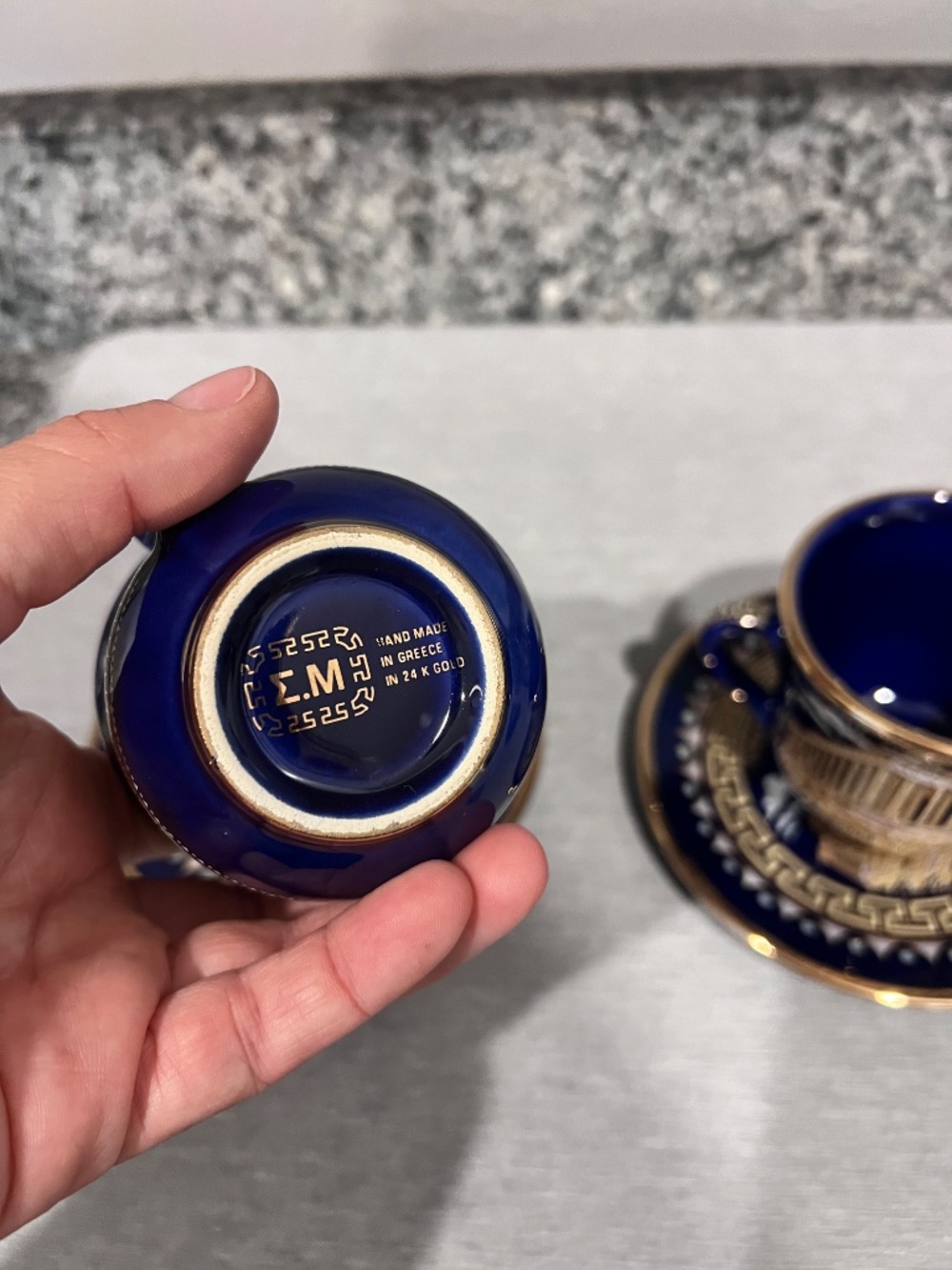 Greek Parthenon 24K Gold Cobalt Cup & Saucer Set 10 Pieces - Picture 14 of 15